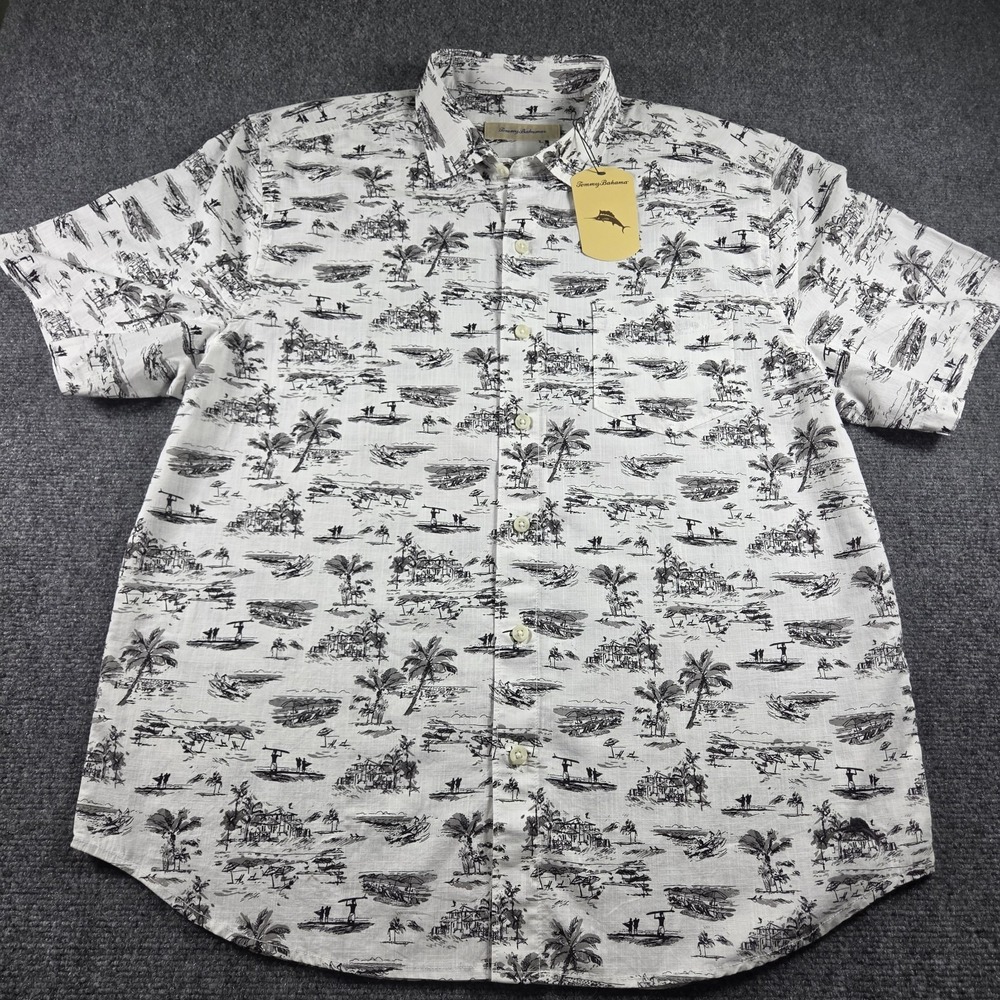 NWT Tommy Bahama Mens M White AOP Beach Surf Hawaiian Button Up Short Sleeve